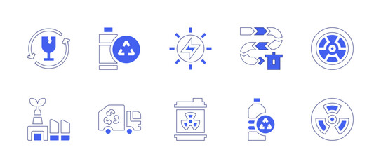 Ecology icon set. Duotone style line stroke and bold. Vector illustration. Containing glass recycling, green factory, flow, water bottle, recycle, truck, solar energy, residue, nuclear energy, nuclear