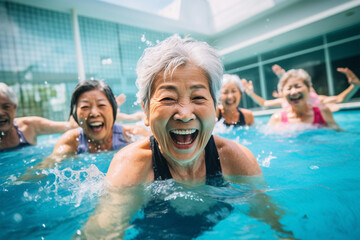 Fototapeta premium プールで運動しているシニア女性