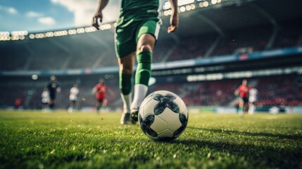 Cropped image of male legs, football player in motion on stadium kicking, dribbling ball on grass....
