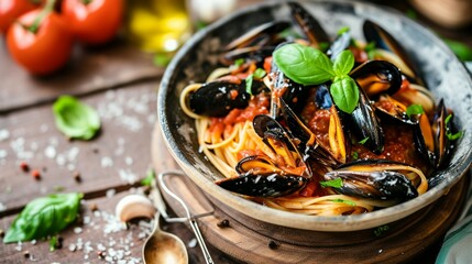 Delicious Mussels Pasta on Wooden Table