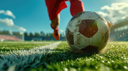 Cropped image of football ball on grass. Soccer player in motion, dribbling , hitting ball during game. Outdoor stadium, daytime match.