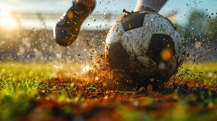Cropped image of football ball on dirty grass. Soccer player in motion, dribbling , hitting ball during game. Outdoor stadium, daytime match. - obrazy, fototapety, plakaty