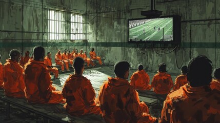 Group of inmates sitting together, watching online football match. Digital platforms to keep inmates engaged, using a photo of prisoners watching a football match