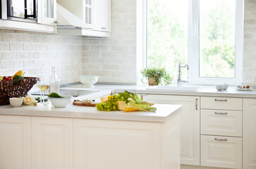 Classical white kitchen with healthy food