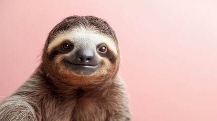 Happy Sloth isolated on the Pastel Pink Background. Symbol of Tranquility. Endangered species. Slow Living Concept. 
