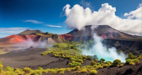 A majestic volcanic crater with steaming vents and vibrant vegetation thriving amid the rugged terrain. AI Generative