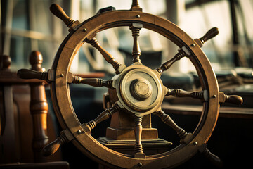 Obraz premium Generative AI picture of the ship's wooden steering wheel