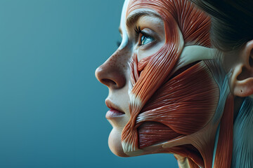 SIde view woman face human anatomy, skin and muscles - obrazy, fototapety, plakaty