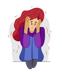 Young woman feeling stressed and uncomfortable, vector illustration of a person having mental disorder panic and anxiety, psychological problems.