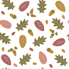 Autumn seamless pattern in simple cartoon style. Vector illustration of autumn leaves and acorns.