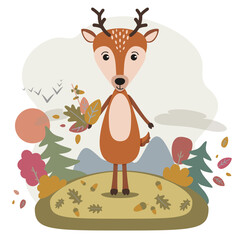 Cute animal in cartoon flat minimal style. Animal in forest landscape. Vector illustration of deer for Сhildren's books, cards.
