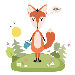 Woodland character fox in cartoon style. Animal in forest landscape. Vector illustration of fox for Сhildren's books, cards, stationery.