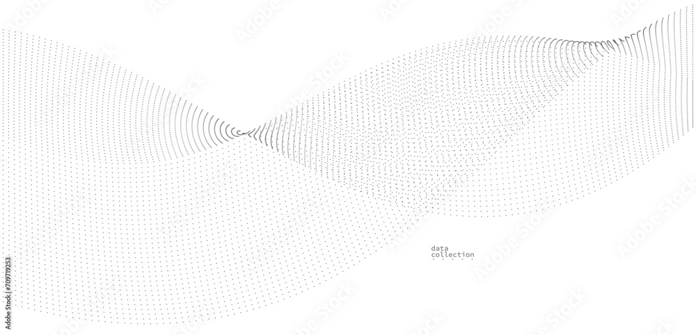 Poster light grey abstract background, vector wave of flowing particles, curvy lines of dots in motion, tec
