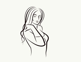 Beauty young woman face vector illustration, logo look like drawing for cosmetology or skincare or cosmetics brand, classic style emblem.