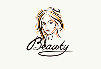 Emblem for a beauty studio or cosmetology clinic or cosmetics brand, vector illustration of a beauty woman face with Beauty work handwritten lettering, classic style logo.