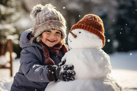 AI generated picture of happy people creating snowman on a frosty cold winter day outdoors