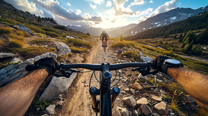 A mountain biker navigating a rocky trail.
