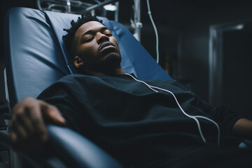 Generative AI image of cancer patient sick ill man lying in bed hospital rehabilitation - obrazy, fototapety, plakaty