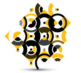 Geometric abstract art, vector geometrical background with tiles of circles and other shapes, stripy texture modernism style linear motif, creative design.