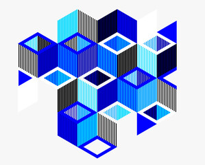 Blue vector abstract geometric background with cubes and different rhythmic shapes, isometric 3D abstraction art displaying city buildings forms look like, op art.