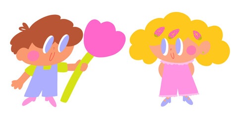 A boy gives a flower to a girl, cute vector illustration