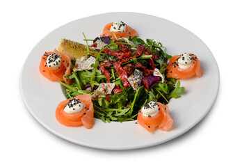 Salad with Salmon, Arugula and Sun-Dried Tomatoes, Fresh Salad, Appetizer on White Background