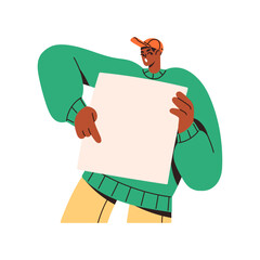 Person holds blank ad banner, placard with place for text. Man demonstrates empty poster. Character with presentation background, promo board in hands. Flat isolated vector illustration on white