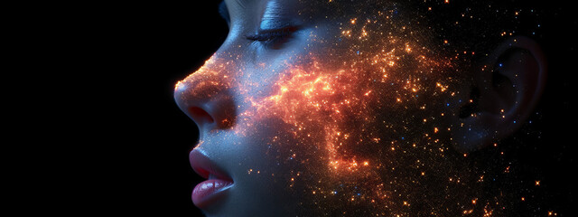 Glimmering Fairy, A Captivating Vision of a Womans Face Adorned in Mesmerizing Glitter