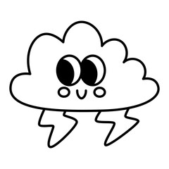 Kawaii cloud and lightning thunderstorm cartoon line icon.