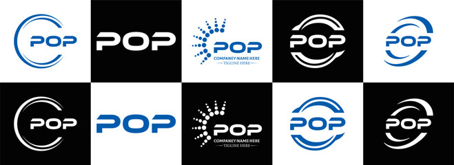 POP logo. P O P design. White POP letter. POP, P O P letter logo design. Initial letter POP linked circle uppercase monogram logo. P O P letter logo vector design. POP letter logo design five style.	
