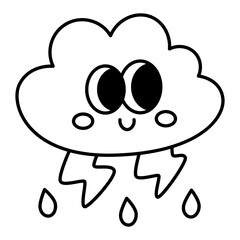 Kawaii cloud and lightning thunderstorm cartoon line icon.
