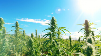 Close up of cannabis sativa plant on a field, sunny day. Industrial medical marijuana concept. Generative AI