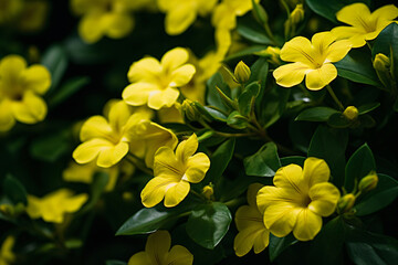 Obraz premium Yellow flowers are green with leaves and flowering, in the style of shang dynasty, close-up, sigma 35mm f/1.4 dg hsm art, matte photo, high speed sync, rounded, lightbox