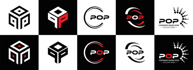 POP logo. P O P design. White POP letter. POP, P O P letter logo design. Initial letter POP linked circle uppercase monogram logo. P O P letter logo vector design. POP letter logo design five style.	
