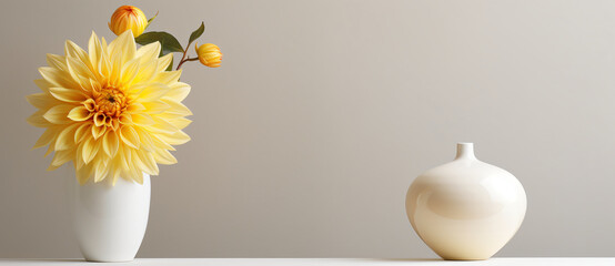 Yellow dahlia in white vase, in the style of abstract minimalistic compositions, scattered composition, made of flowers, natural minimalism, wimmelbilder, shaped canvas, selective focus

