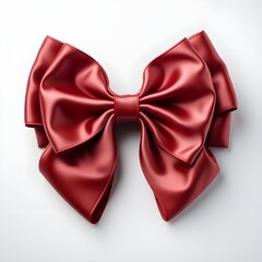 red satin bow isolated on white background with shadow. red bow flat lay. red bow top view. silk bow isolated