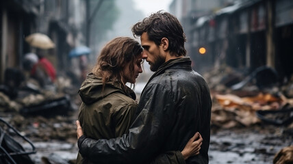 A man hugs a woman against the backdrop of a destroyed city. Generated by artificial intelligence