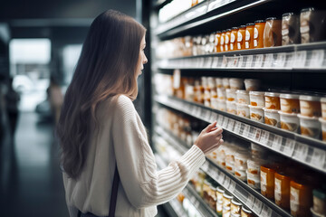 young woman in a store, looking at various packaged products on shelves, considering which one to purchase. ai generative - obrazy, fototapety, plakaty