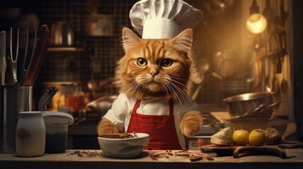 A red-haired cook cat in a hat and apron stands at the kitchen table and cooks food.