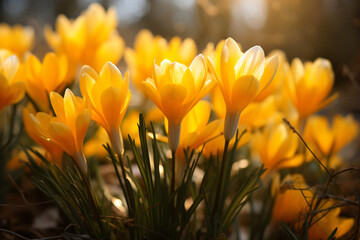 Yellow crocus flowers in the spring, in the style of lightbox, skeuomorphic, light-focused

