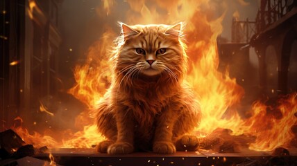 A serious red tabby cat is sitting on a table around a fire. The concept of the apocalypse, the end of the world. Everything is burning around the cat.