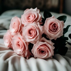 Beautiful bouquet of pink roses on the bed