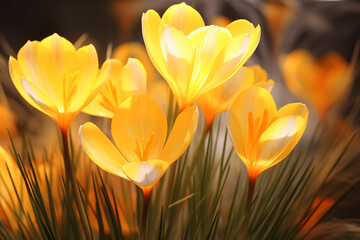 Yellow crocus flowers in the spring, in the style of lightbox, skeuomorphic, light-focused  