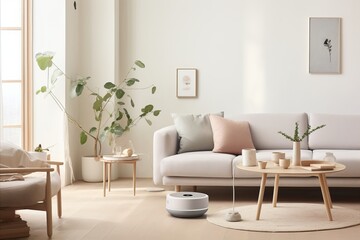 A smart home robot vacuum cleaner in a modern white living room interior.