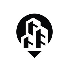 Skyline skyscraper buildings inside a location pin black and white