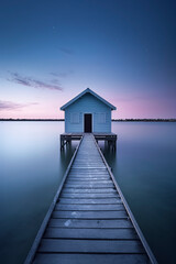 serene twilight scene with a blue boathouse on calm waters, reflecting the sky’s gradient hues and early stars, ai generative