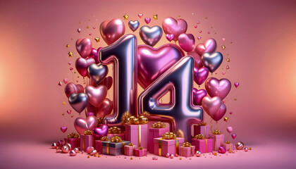 A soft and dreamy Valentine's Day 3D illustration, with a gentle pastel pink background. The scene is centered around large, pastel-colored metallic balloons shaped as the number '1' and '4', together