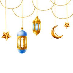 Watercolor Islamic arabian frame with golden crescent moon, stars and lanterns on a gold chains illustration isolated on white background. Muslim hand drawn holiday Ramadan Kareem or Eid Al Adha 2024 