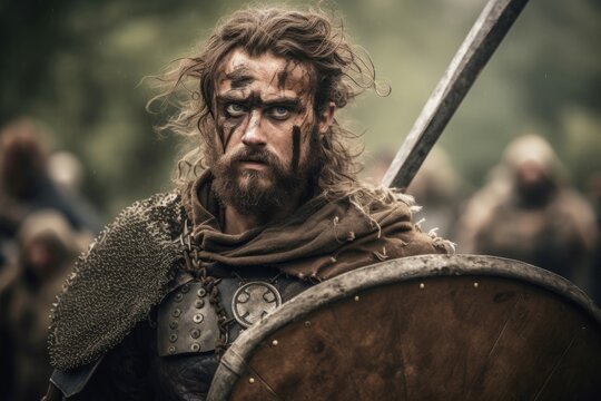 Celtic warrior person sad face. Skirt uniform forces landmark body. Generate Ai