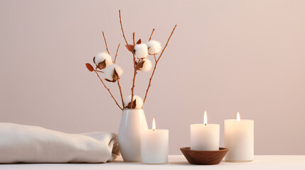The cotton shoots in the vase with candles, in the style of modern minimalist, gentle color palette, minimalist backgrounds, norwegian nature, rounded, chic simplicity, natural simplicity

